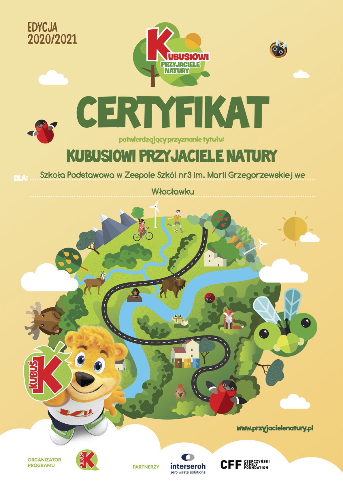 Certyfikat "Kubusiowi Przyjaciele Natury"