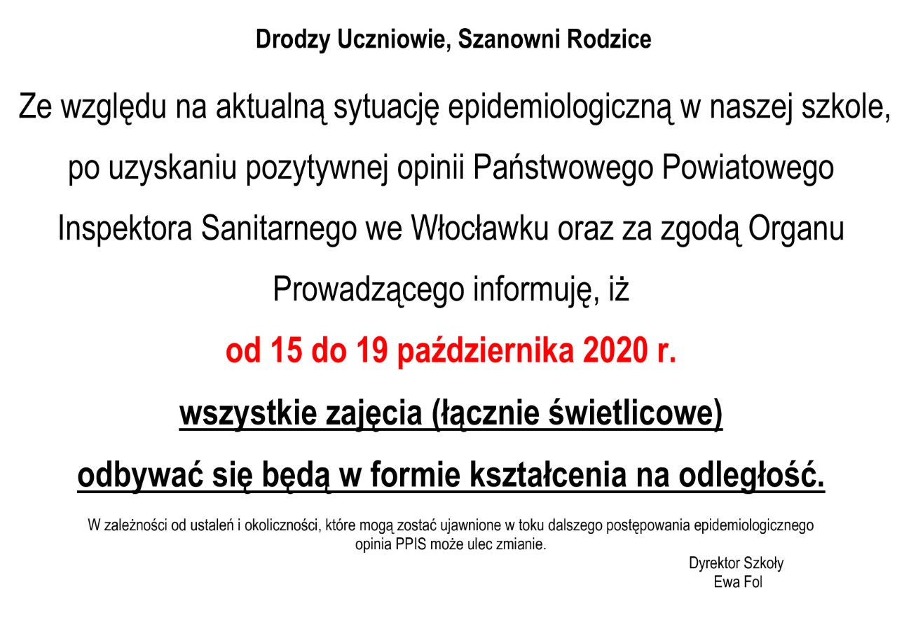 komunikat o kształceniu zdalnych od 15 do 19 października 202o roku