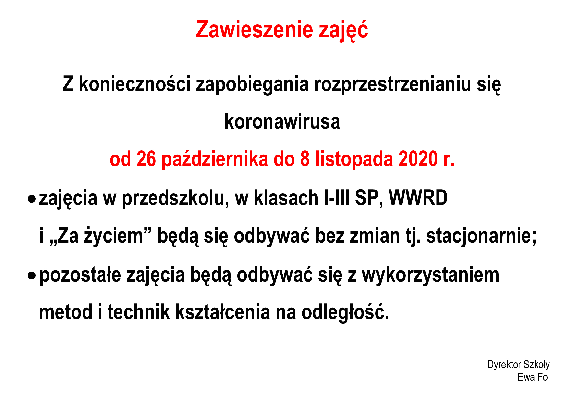 Zawieszenie zajęć od 26 października do 8 listopada